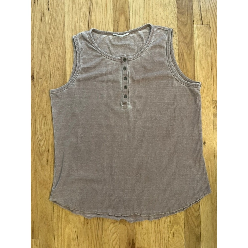Jane + Delancey Light Brown Ribbed Henley Tank Top Lettuce Edge Hem XL